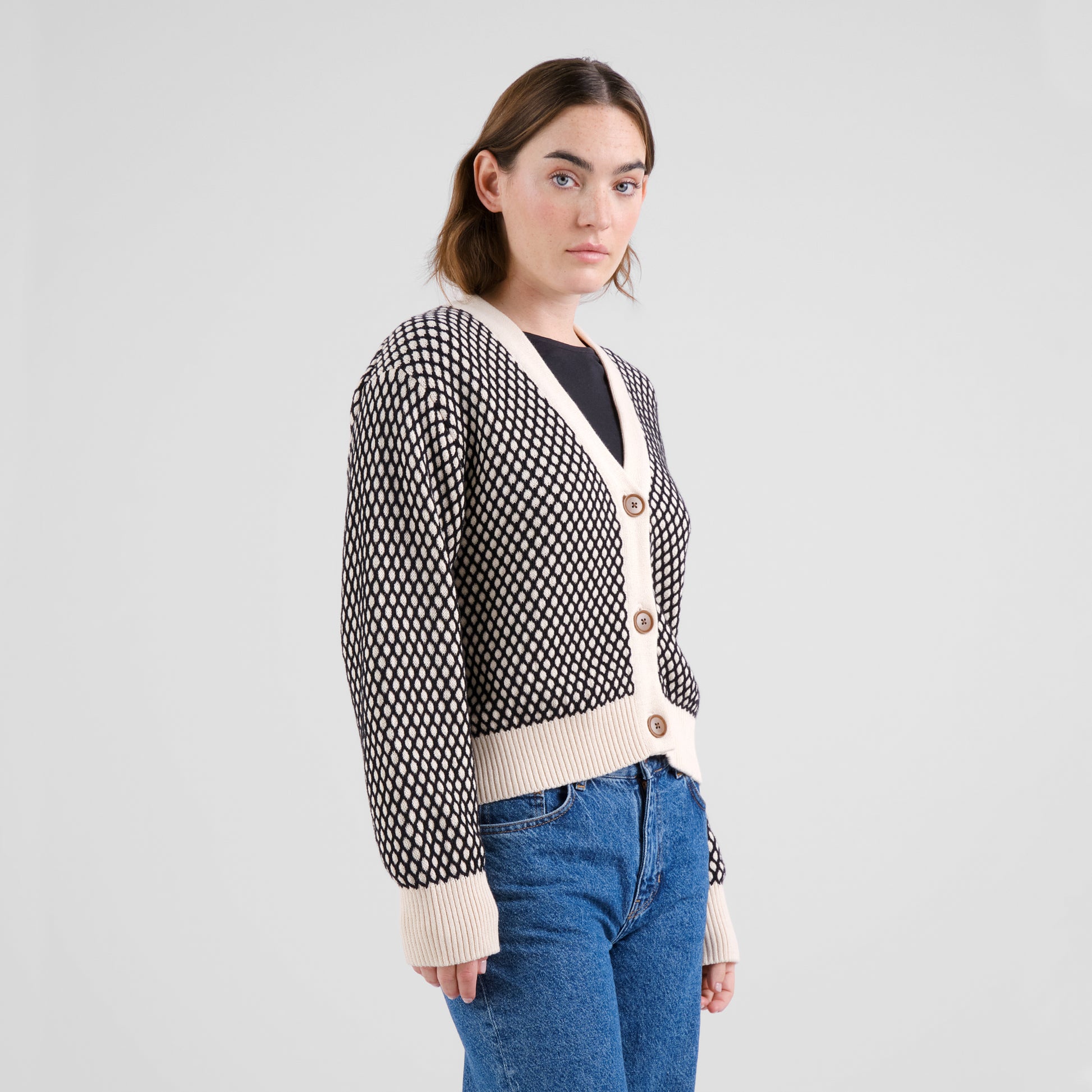 Cardigan Kanan Bubble Knit Black/Vanilla White | DEDICATED