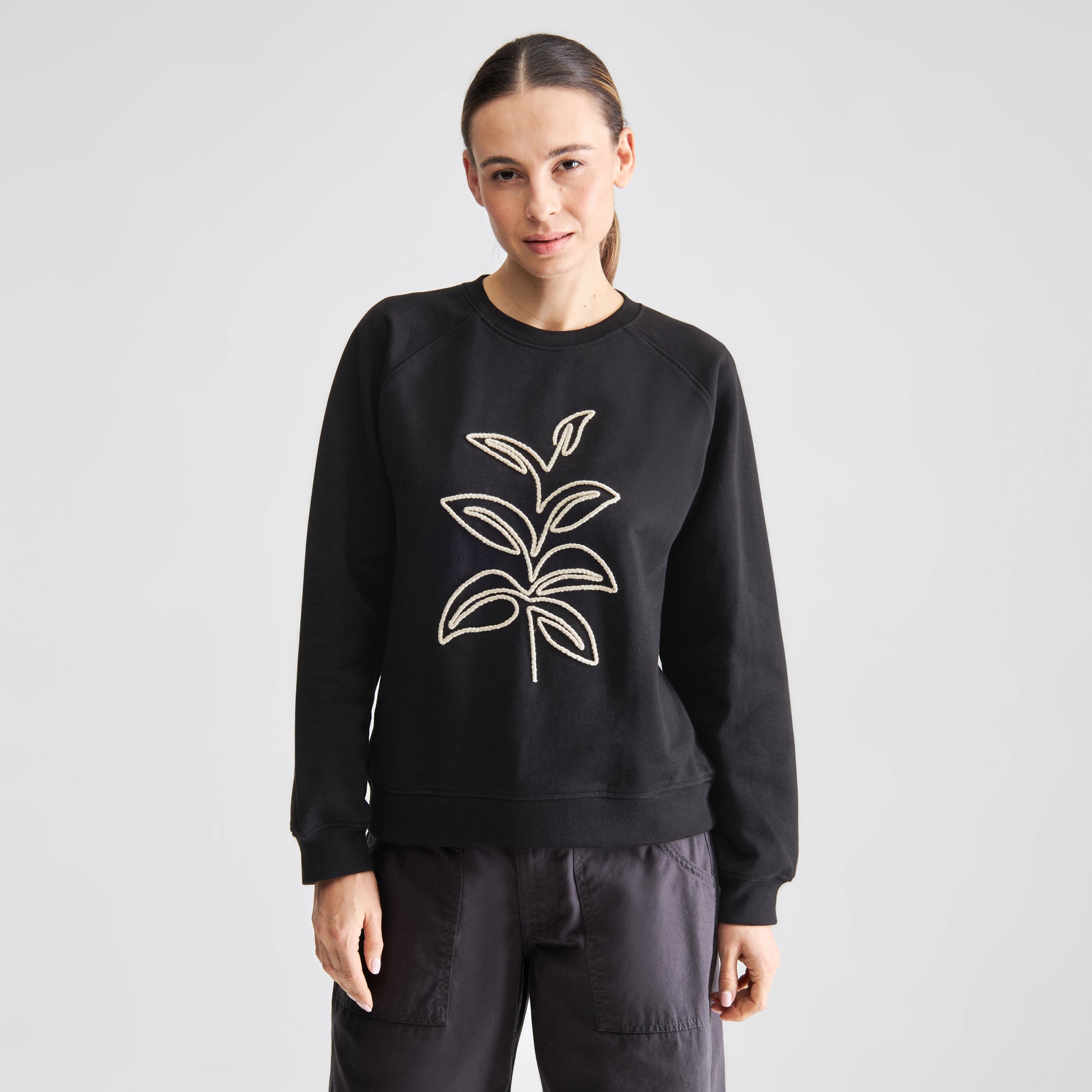 Sweatshirt Ystad Line Art Leaves Black | DEDICATED