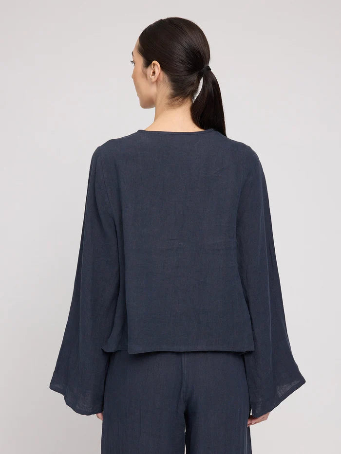 Linen Blouse w Binding ink blue | MAZINE
