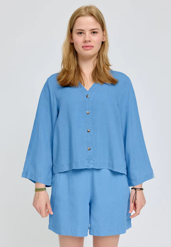 V-Neck Tencel Blouse dark blue wash | MAZINE