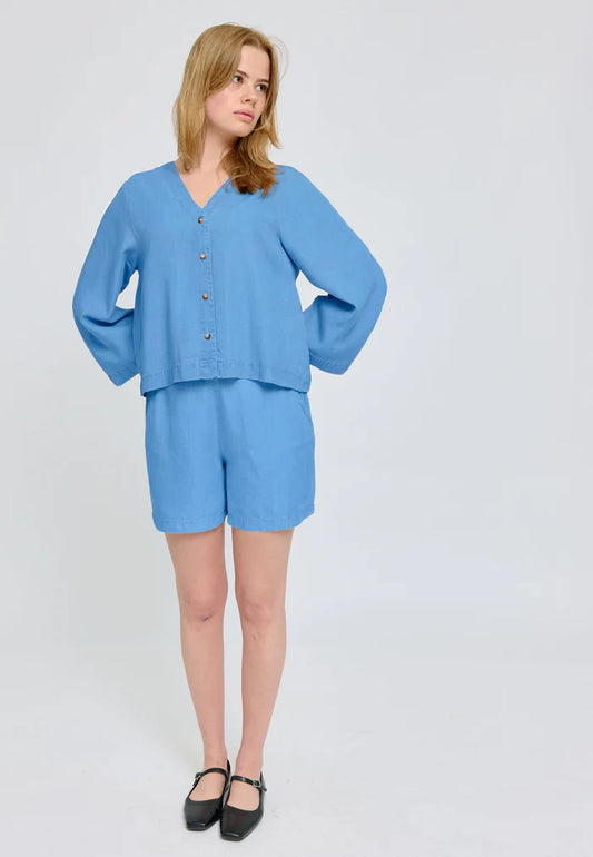 V-Neck Tencel Blouse dark blue wash | MAZINE