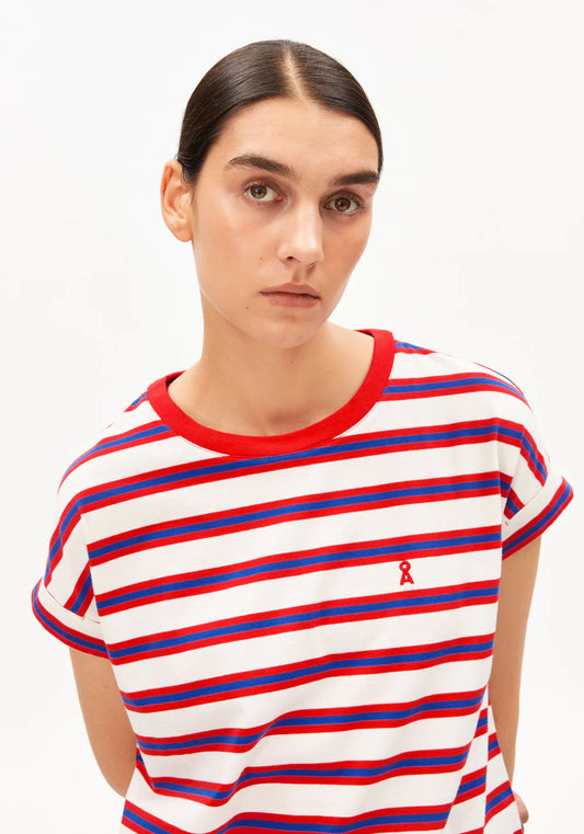 T-Shirt IDAARA STRIPES light oatmilk-mars red-dynamo blue | ARMEDANGELS