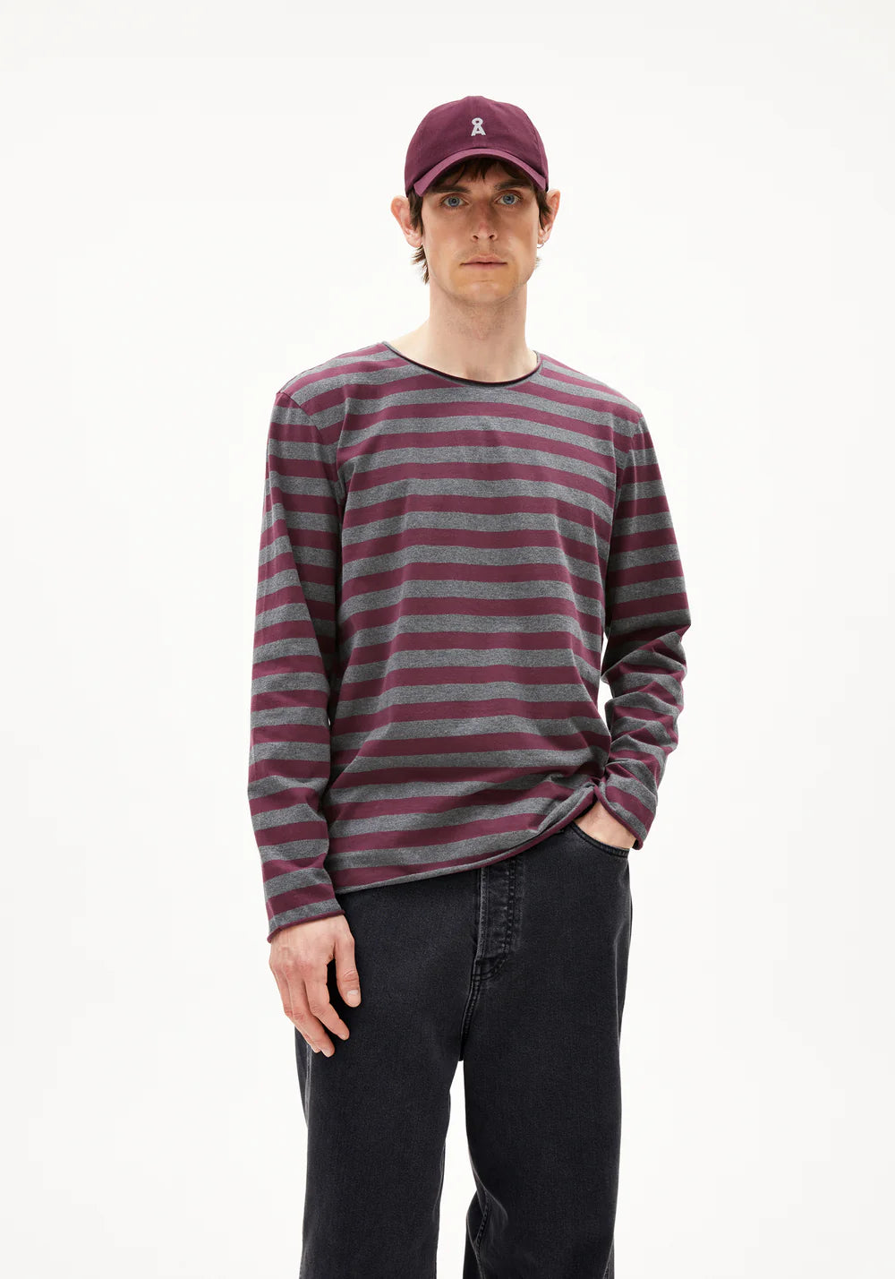 Longsleeve MAARKOS LS STRIPES BR steel melange-dark cranberry | ARMEDANGELS