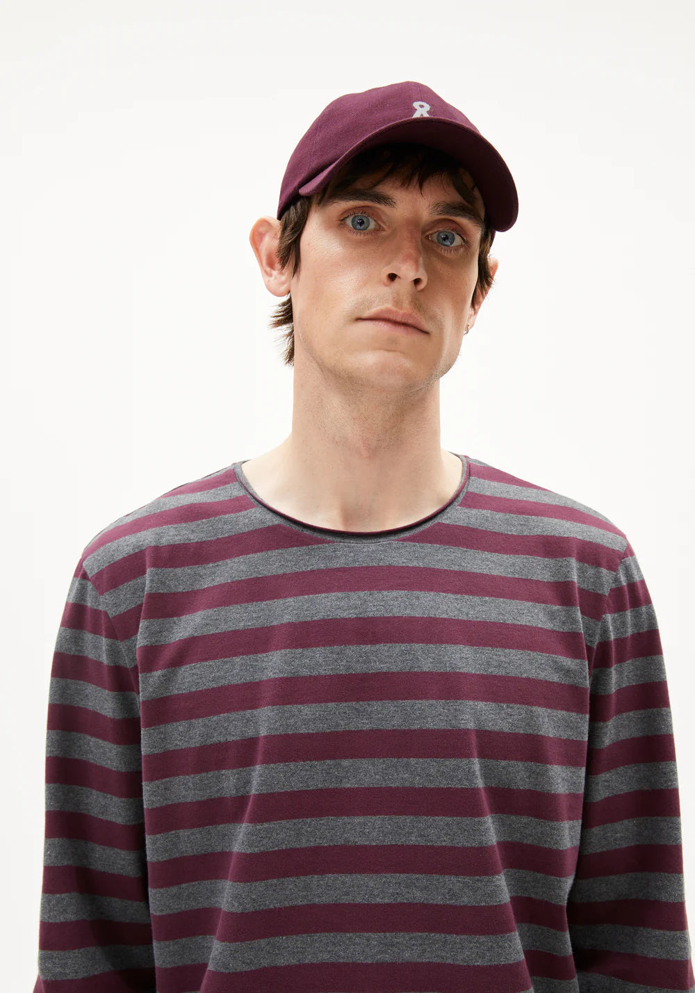 Longsleeve MAARKOS LS STRIPES BR steel melange-dark cranberry | ARMEDANGELS
