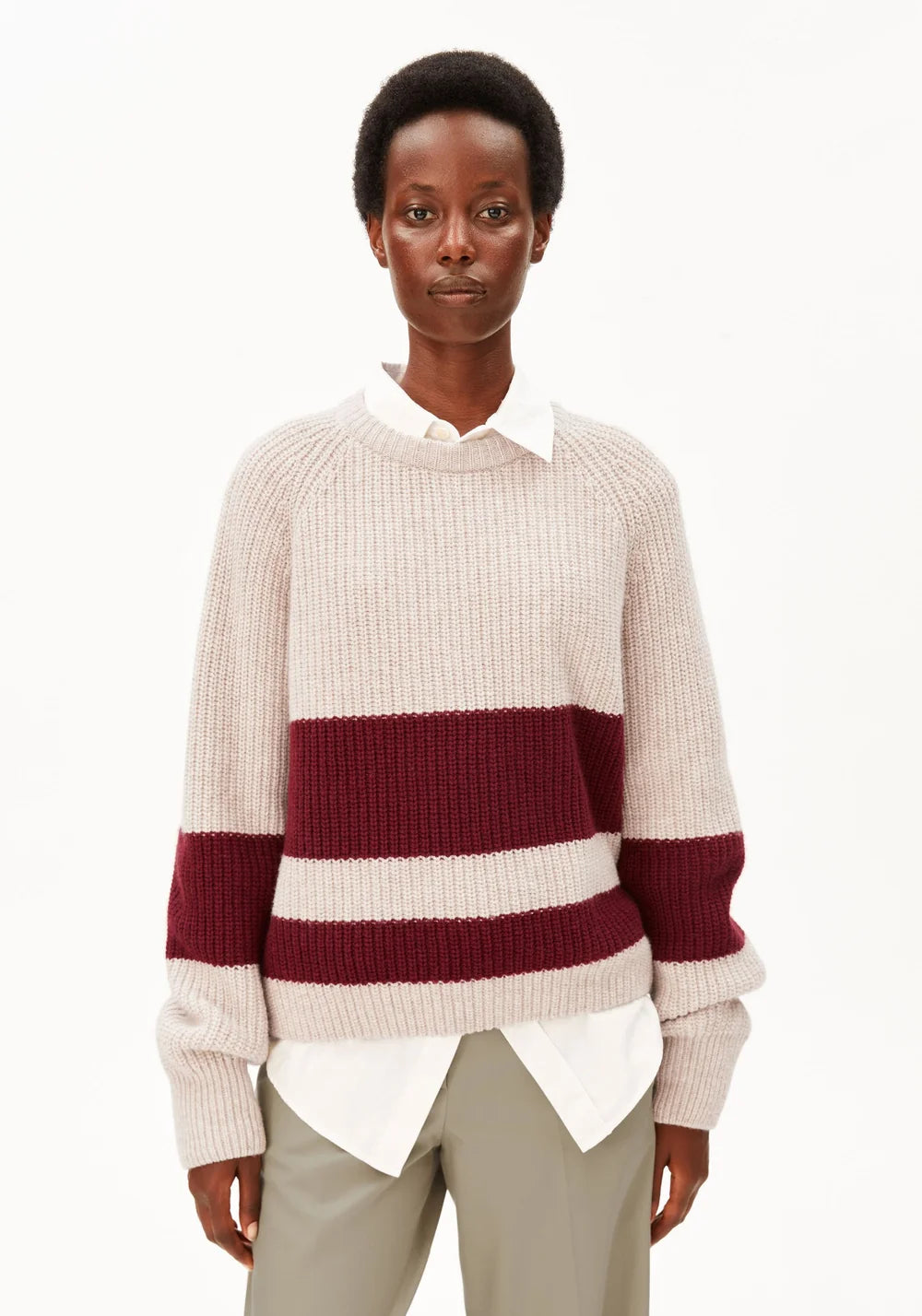 RIB STRIPED KNIT SWEATER honey melange-velvet red | ARMEDANGELS