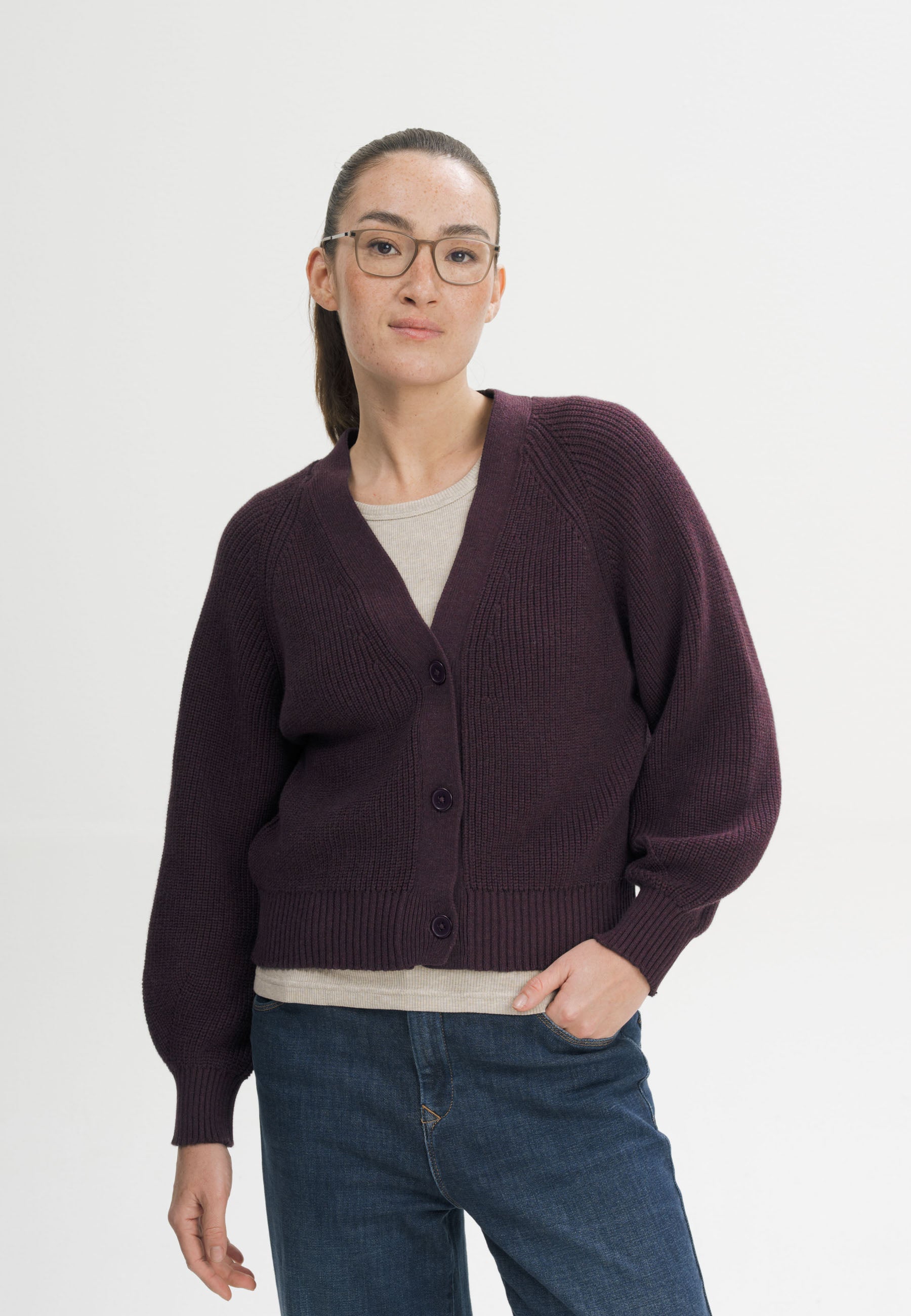 Women Rib Knit Cardigan Style BHUMA elderberry melange | MELA