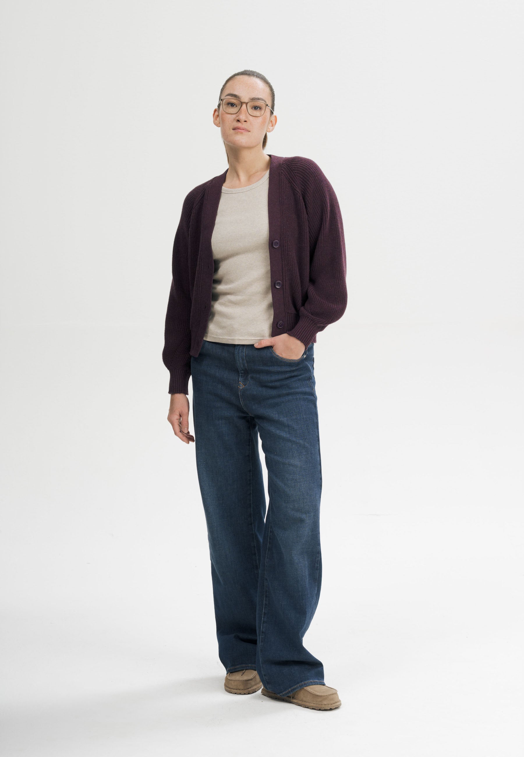 Women Rib Knit Cardigan Style BHUMA elderberry melange | MELA