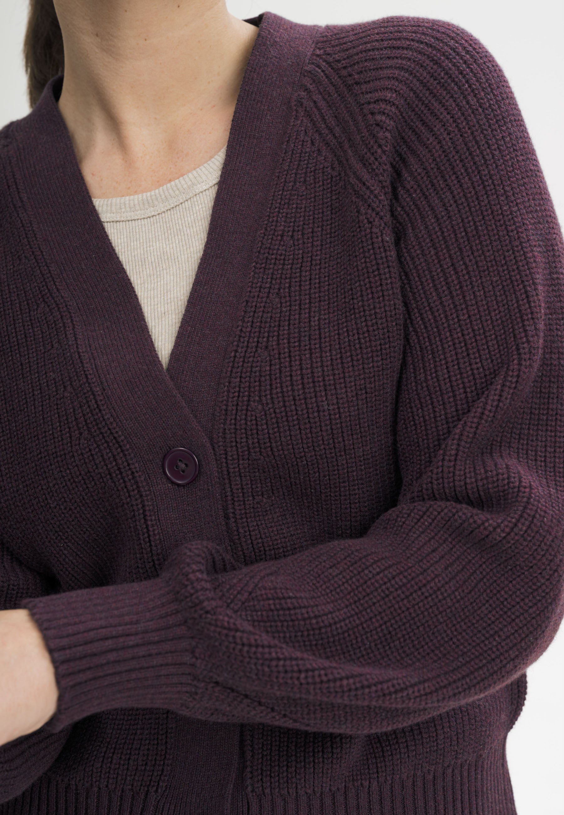 Women Rib Knit Cardigan Style BHUMA elderberry melange | MELA