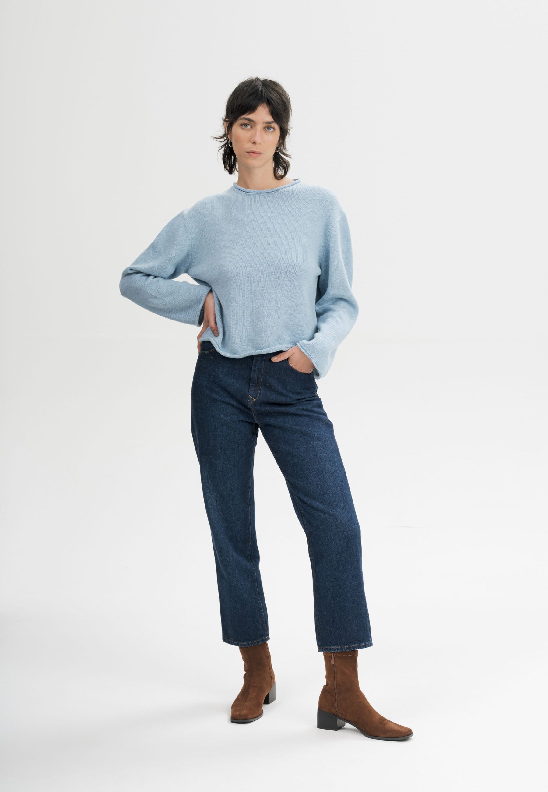 Women Roll Hem Knit Jumper Style GEETHA salty blue melange | MELA