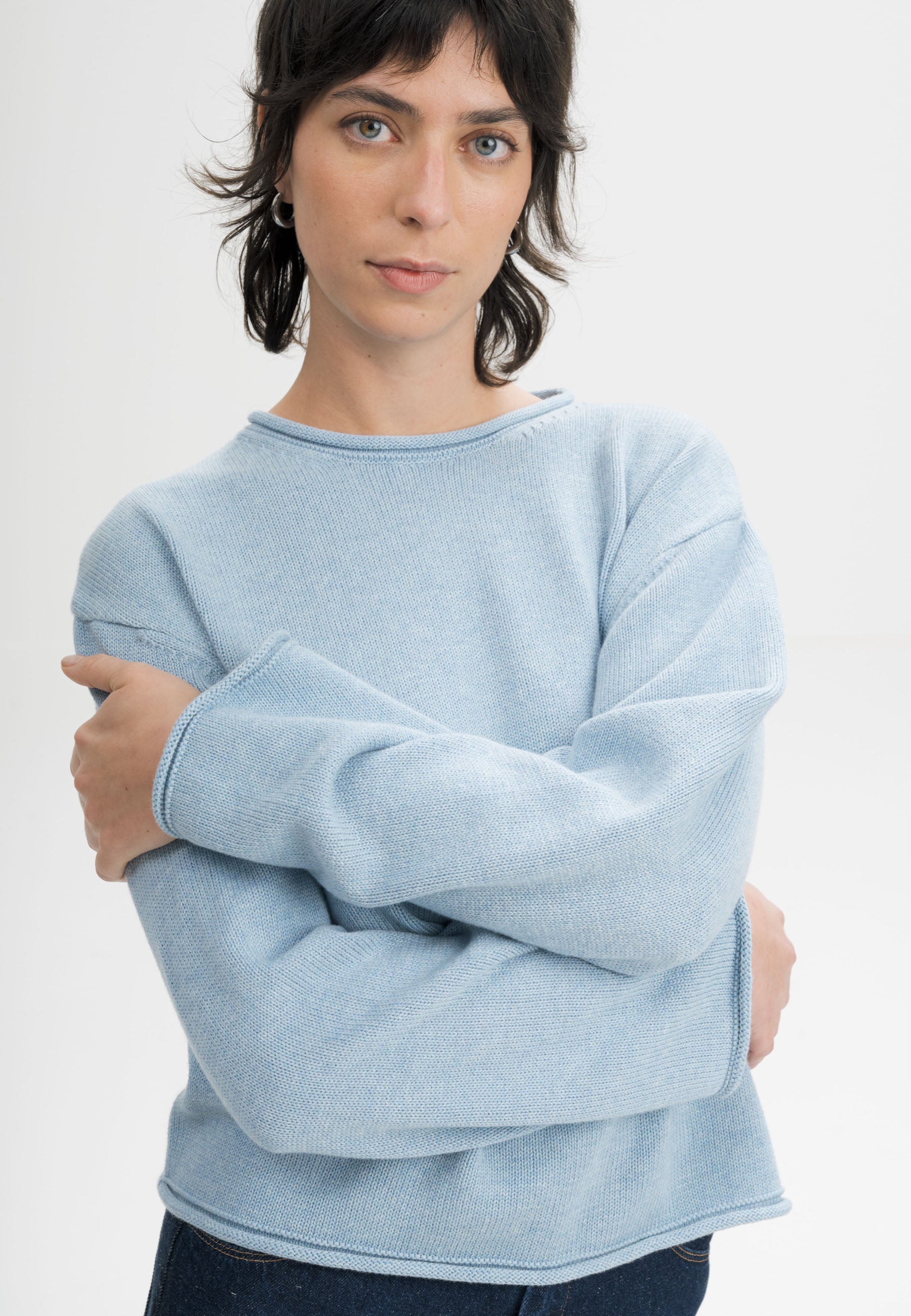 Women Roll Hem Knit Jumper Style GEETHA salty blue melange | MELA