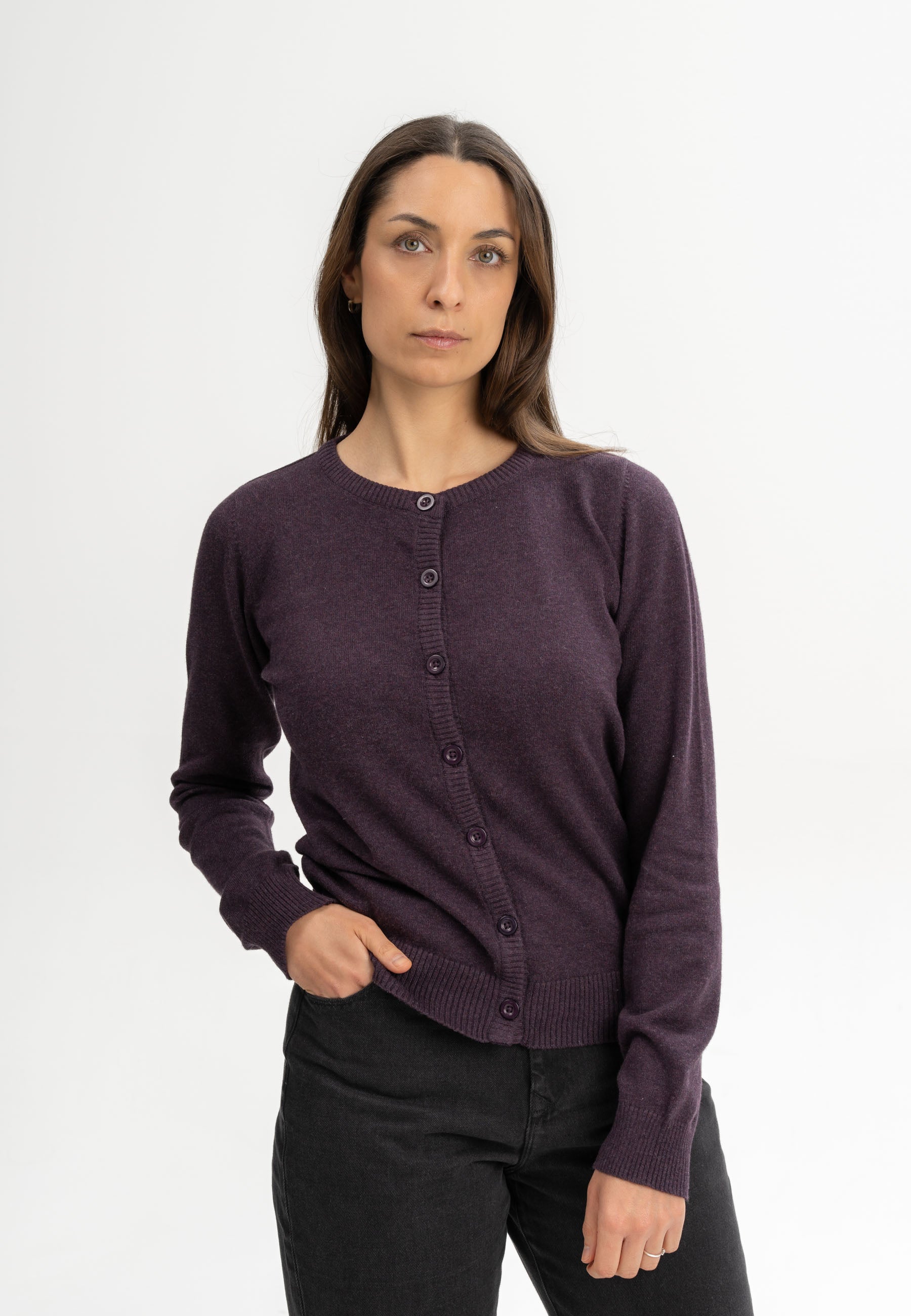 Women Fine Knit Cardigan Style NAMEEN elderberry melange | MELA