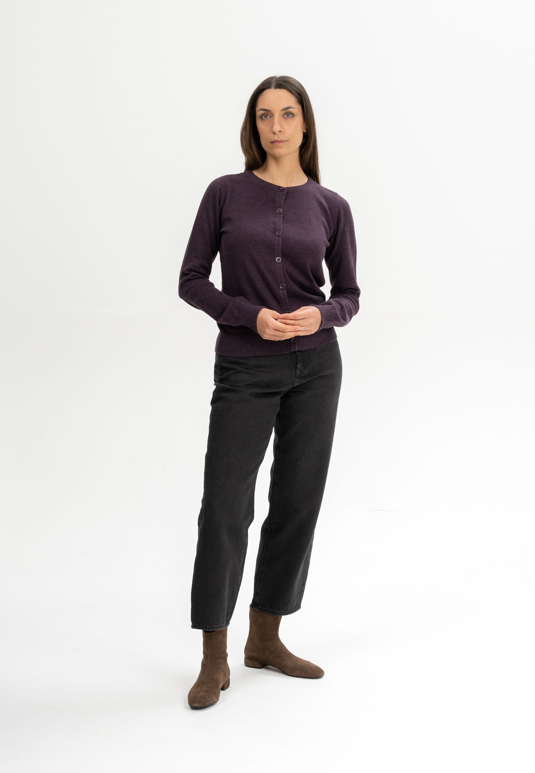 Women Fine Knit Cardigan Style NAMEEN elderberry melange | MELA