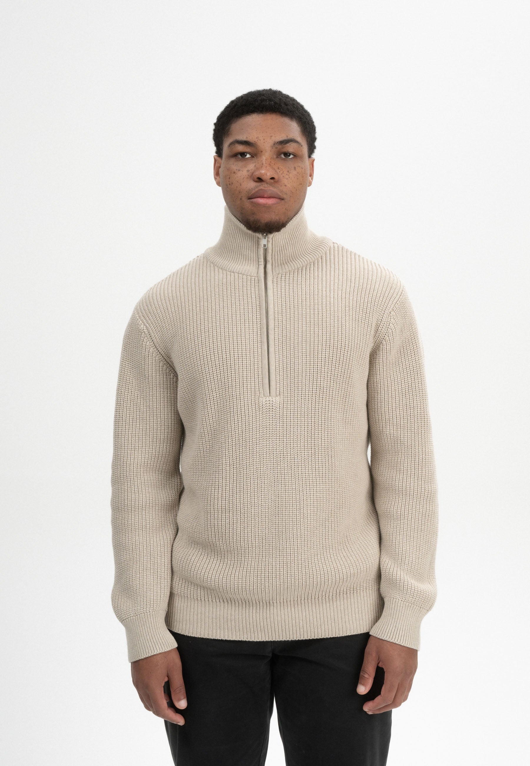 Men Rib Knit Troyer Style UDAI kiesel melange | MELA