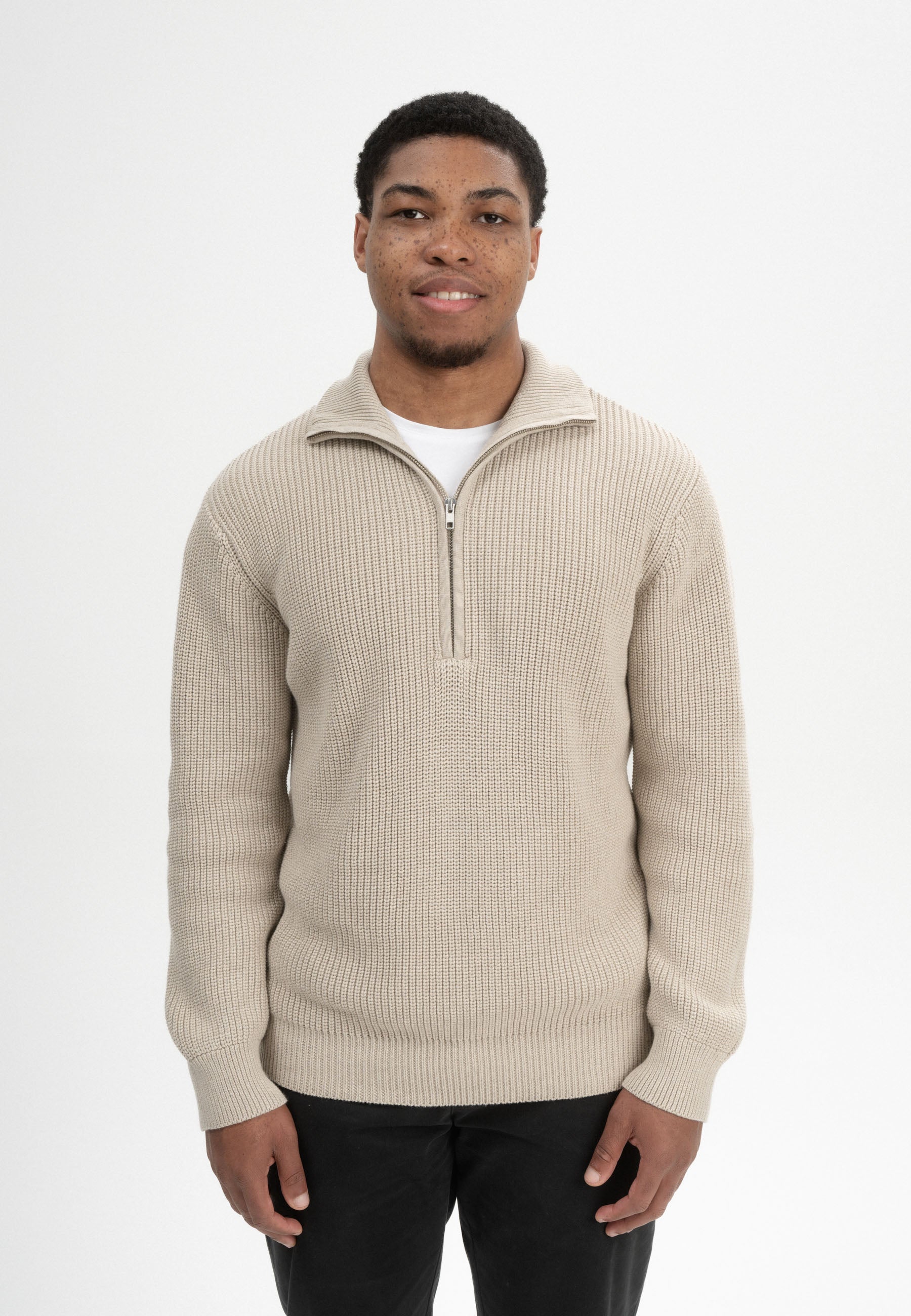 Men Rib Knit Troyer Style UDAI kiesel melange | MELA