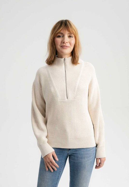 Rib Knit Troyer KIMAYA cream melange | MELAWEAR